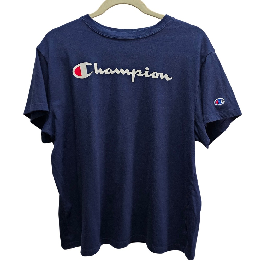 Champion Womens Navy Blue Script Logo Short Sleeve T-Shirt XL